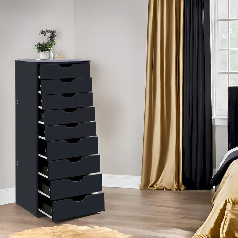Narrow Wooden Storage Cabinet with Nine Drawers and Recessed Pulls
