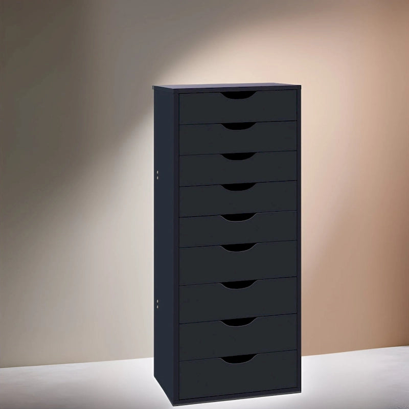 Schmaler Holzschrank mit neun Schubladen und eingelassenen Griffmulden