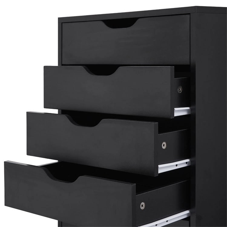 Schmaler Holzschrank mit neun Schubladen und eingelassenen Griffmulden