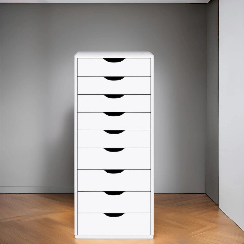 Schmaler Holzschrank mit neun Schubladen und eingelassenen Griffmulden