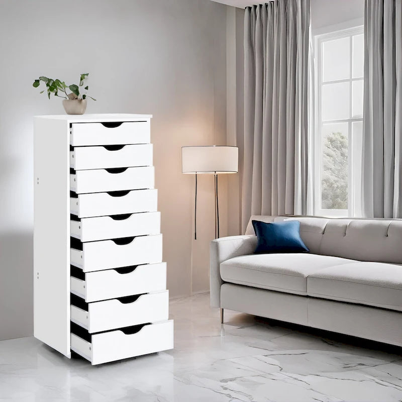Schmaler Holzschrank mit neun Schubladen und eingelassenen Griffmulden