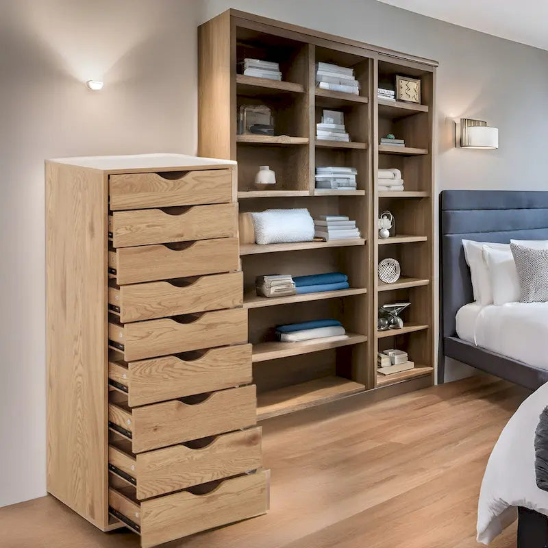 Schmaler Holzschrank mit neun Schubladen und eingelassenen Griffmulden