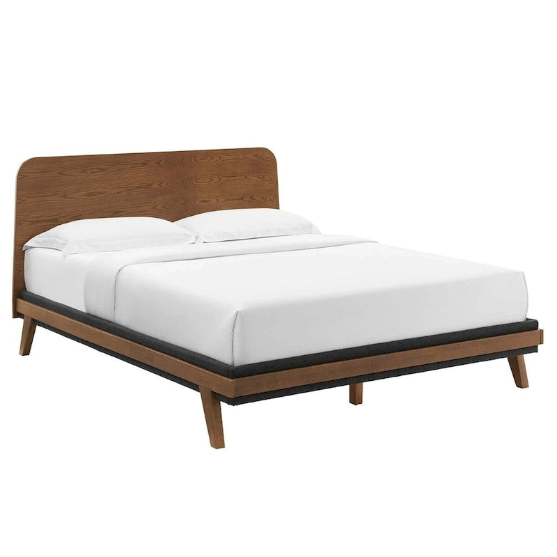 Walnut Queen Platform Bed with Rounded Headboard and Wood Slats