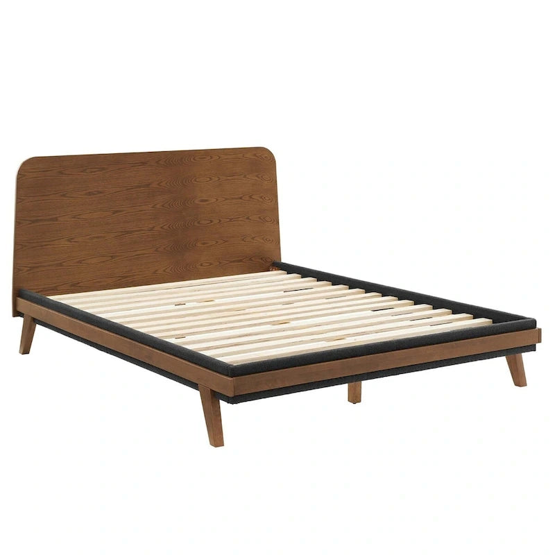 Walnut Queen Platform Bed with Rounded Headboard and Wood Slats