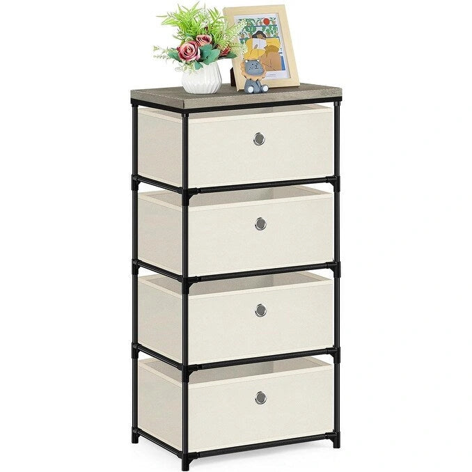 Slim Fabric Storage Tower with Four Drawers and Steel Frame