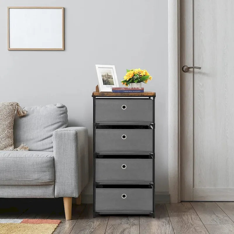 Slim Fabric Storage Tower with Four Drawers and Steel Frame