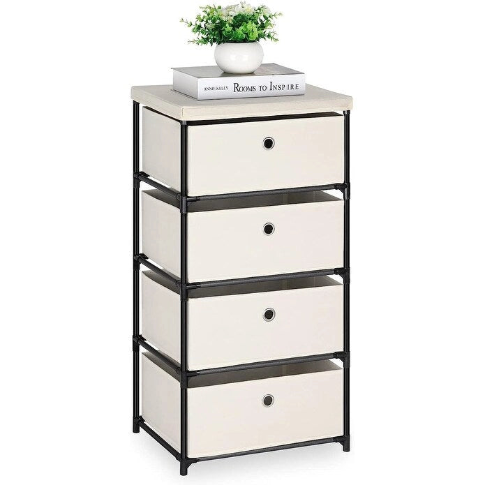 Slim Fabric Storage Tower with Four Drawers and Steel Frame