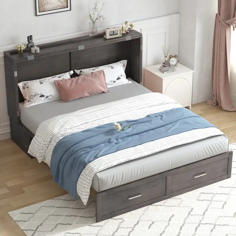 Queen Convertible Cabinet Bed with Storage Drawer and Charging Station