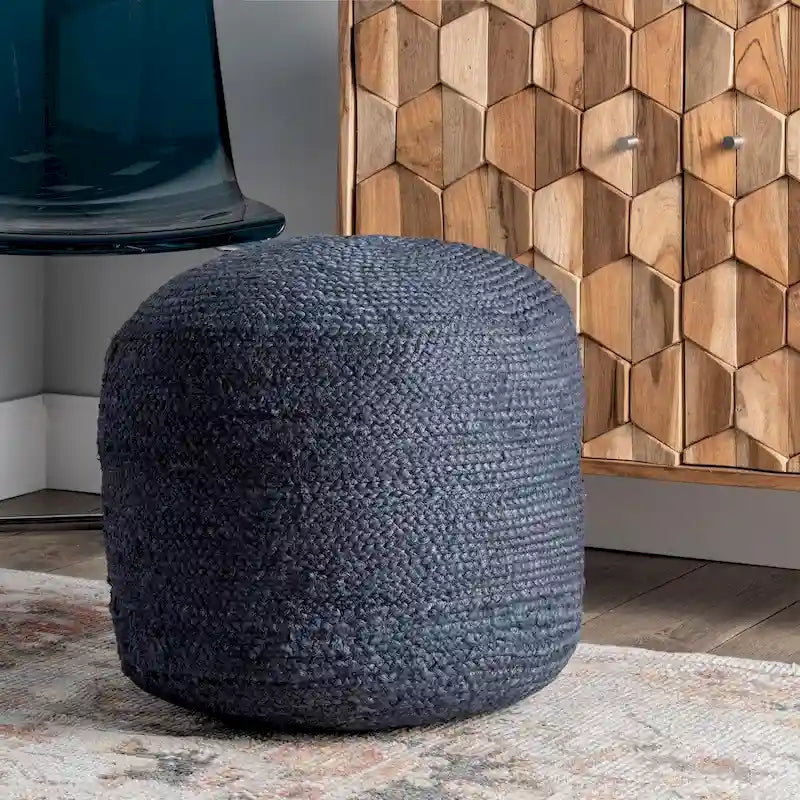 Braided Jute Round Ottoman Pouf with Textured Natural Fiber Cover