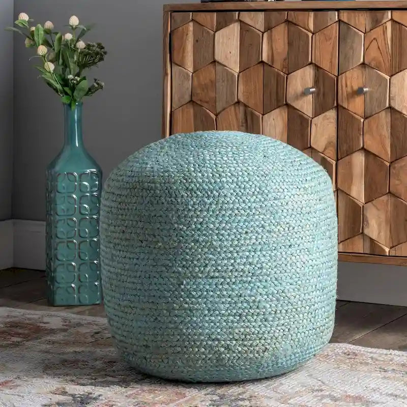 Braided Jute Round Ottoman Pouf with Textured Natural Fiber Cover