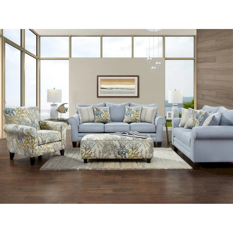 Light Blue Loveseat with Rounded Arms and Reversible Welted Cushions
