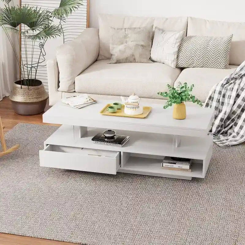Modern Glossy LED Coffee Table with Drawers and Display Shelves