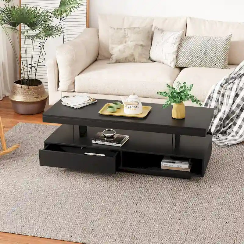 Modern Glossy LED Coffee Table with Drawers and Display Shelves