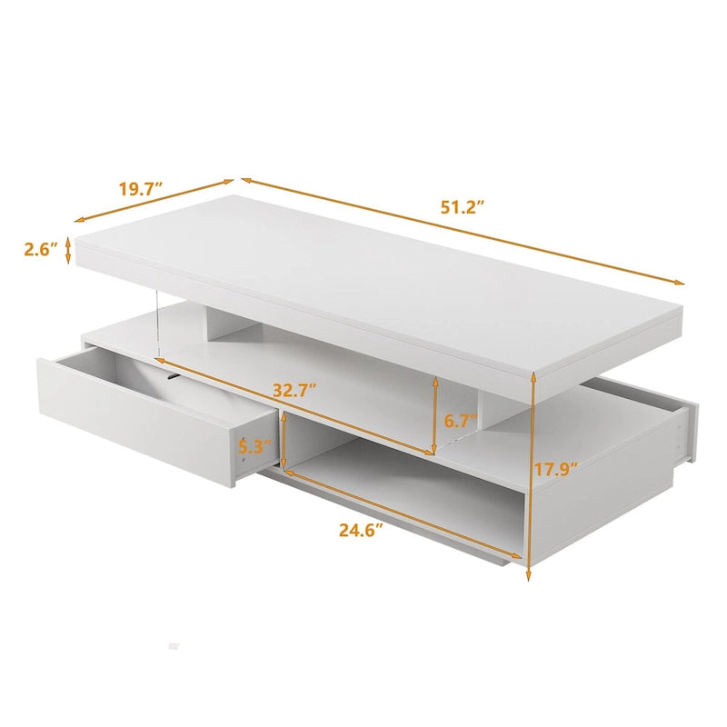 Modern Glossy LED Coffee Table with Drawers and Display Shelves
