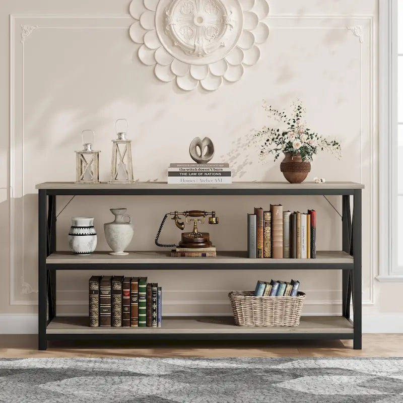 Industrial Console Table with Three Tiers and Cross Braced Sides