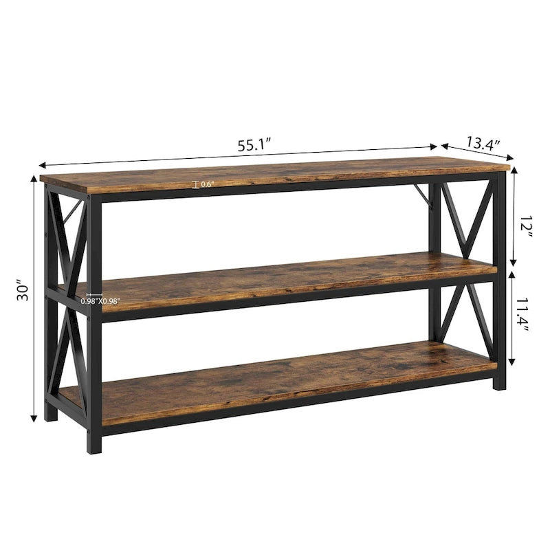 Industrial Console Table with Three Tiers and Cross Braced Sides
