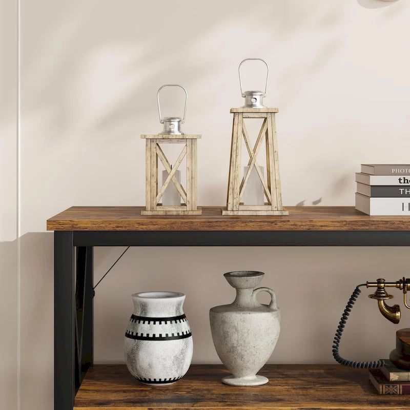 Industrial Console Table with Three Tiers and Cross Braced Sides