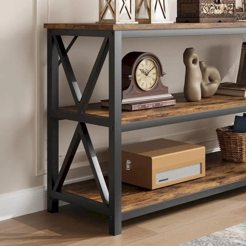 Industrial Console Table with Three Tiers and Cross Braced Sides