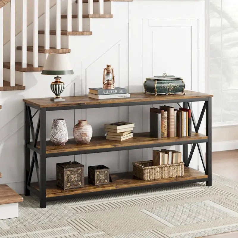 Industrial Console Table with Three Tiers and Cross Braced Sides