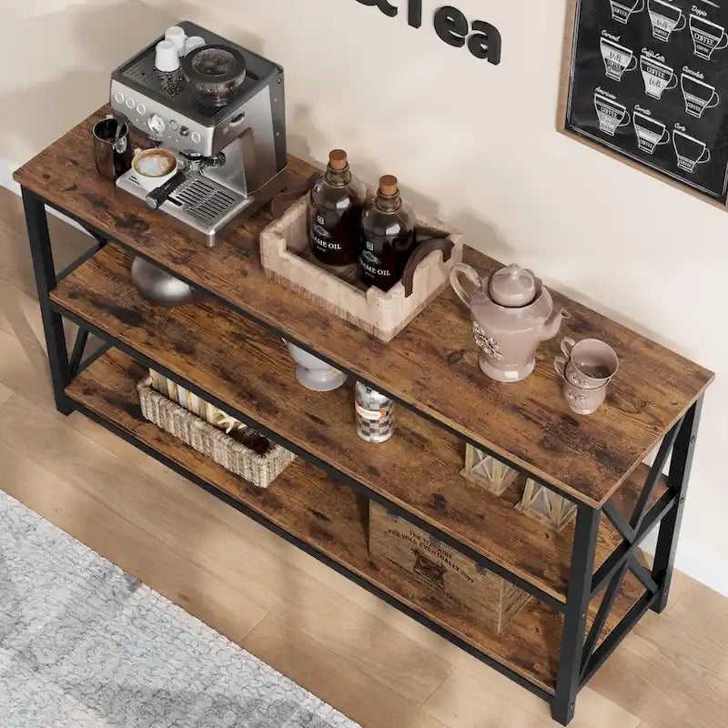 Industrial Console Table with Three Tiers and Cross Braced Sides