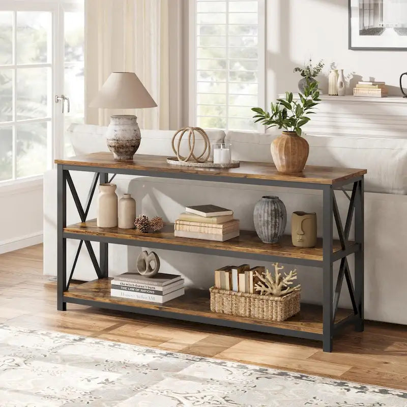 Industrial Console Table with Three Tiers and Cross Braced Sides