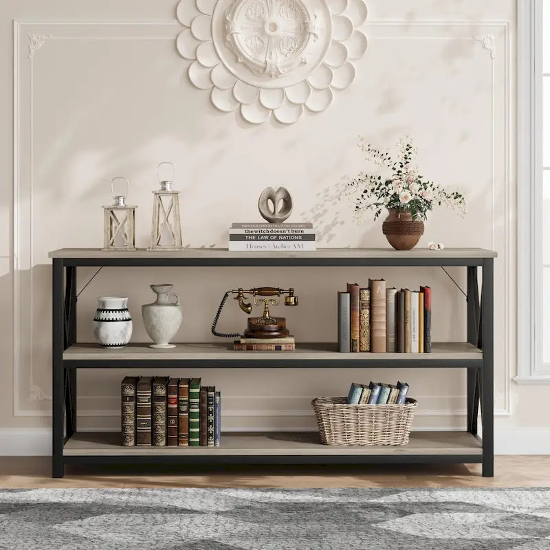 Industrial Console Table with Three Tiers and Cross Braced Sides