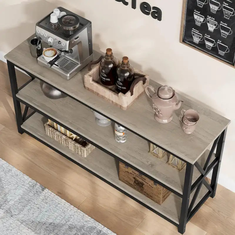 Industrial Console Table with Three Tiers and Cross Braced Sides