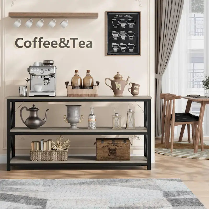 Industrial Console Table with Three Tiers and Cross Braced Sides