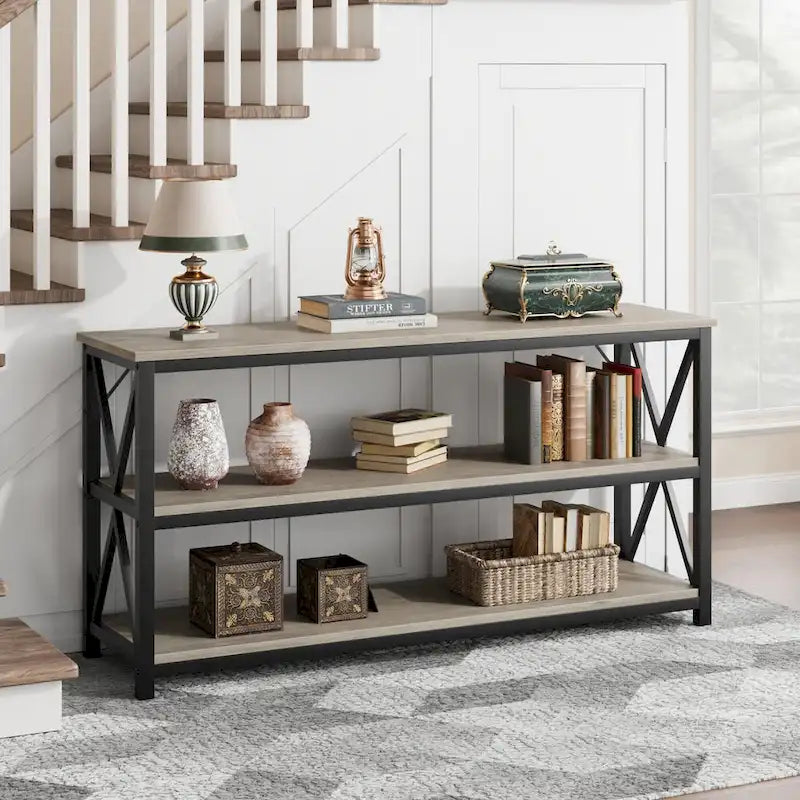 Industrial Console Table with Three Tiers and Cross Braced Sides