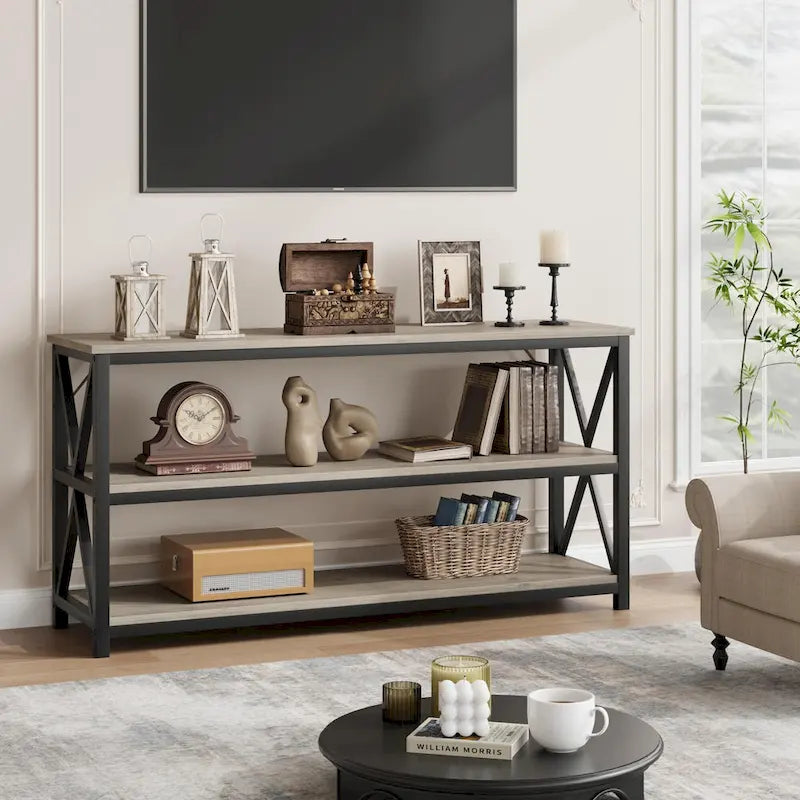 Industrial Console Table with Three Tiers and Cross Braced Sides