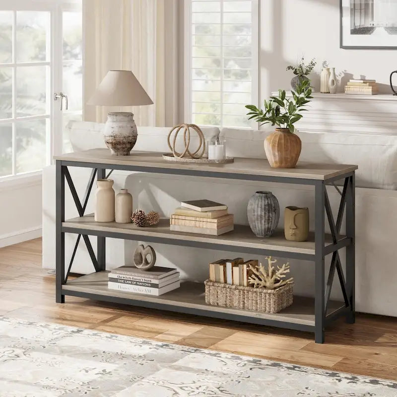 Industrial Console Table with Three Tiers and Cross Braced Sides