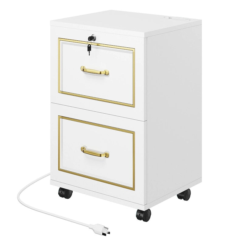 White Mobile Filing Cabinet with Gold Trim and Charging Station