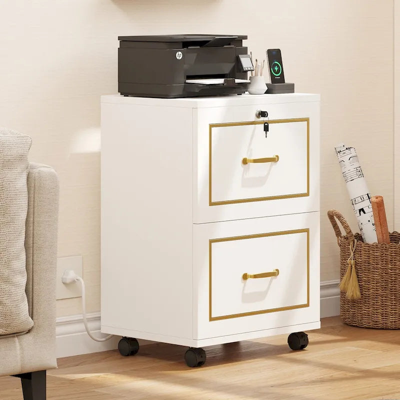 White Mobile Filing Cabinet with Gold Trim and Charging Station