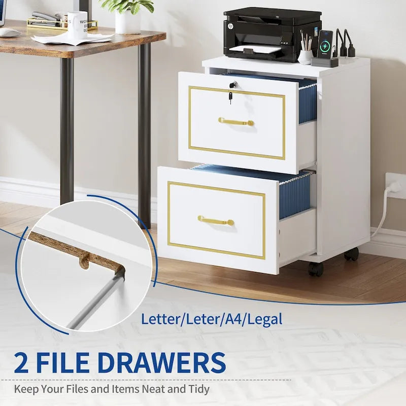 White Mobile Filing Cabinet with Gold Trim and Charging Station
