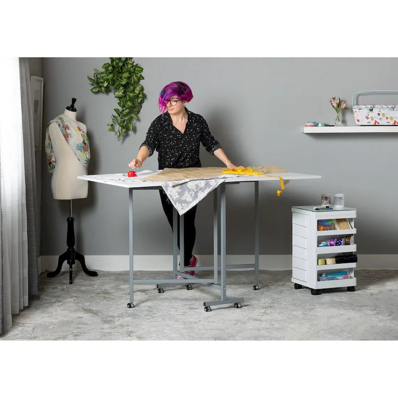 White Folding Craft Cutting Table with Six Casters Expandable Panels