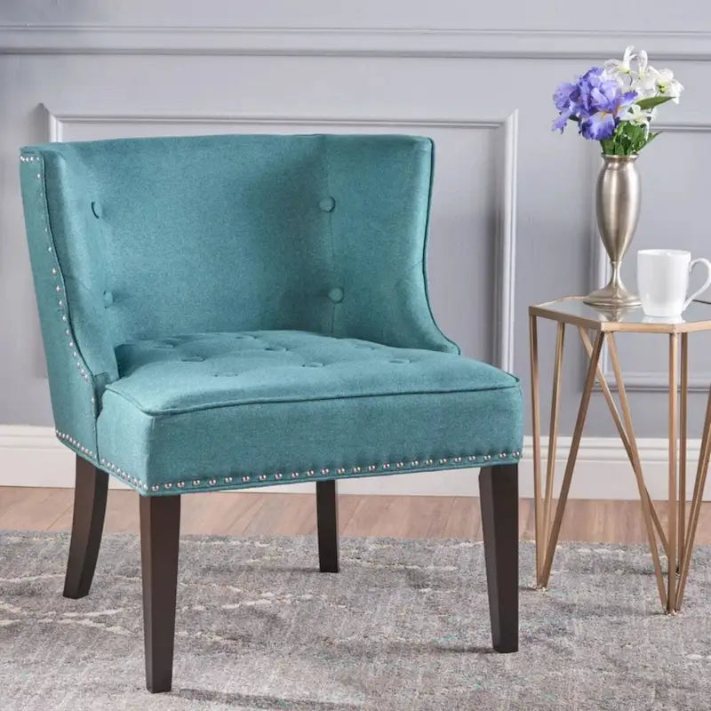 Dark Teal Fabric Accent Chair with Tufting and Nailhead Trim