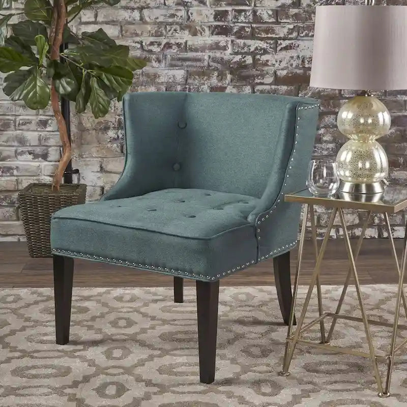 Dark Teal Fabric Accent Chair with Tufting and Nailhead Trim