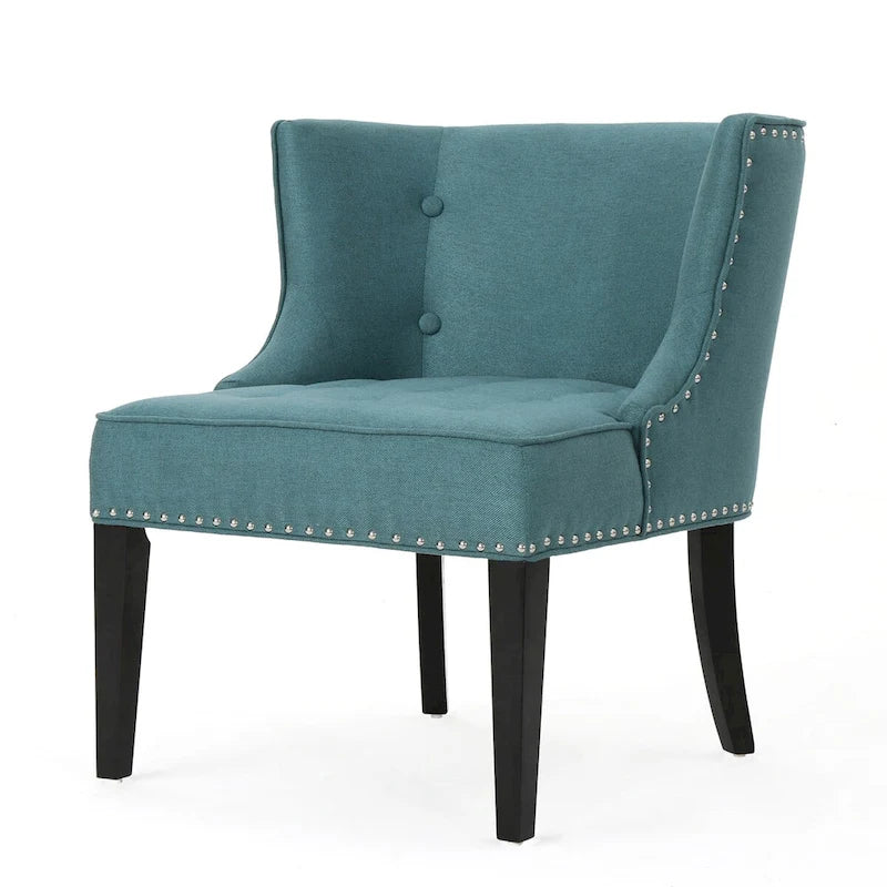 Dark Teal Fabric Accent Chair with Tufting and Nailhead Trim