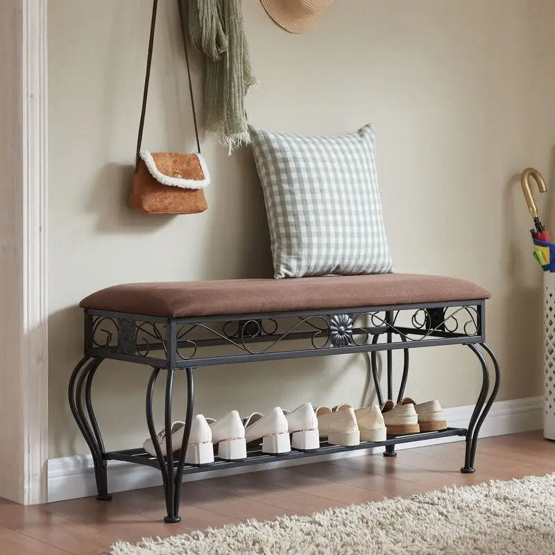 Brown Padded Entryway Shoe Bench with Decorative Metal Storage Shelf