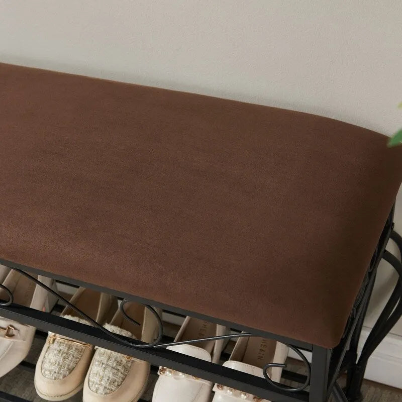 Panca portascarpe imbottita marrone per ingresso con mensola contenitore decorativa in metallo