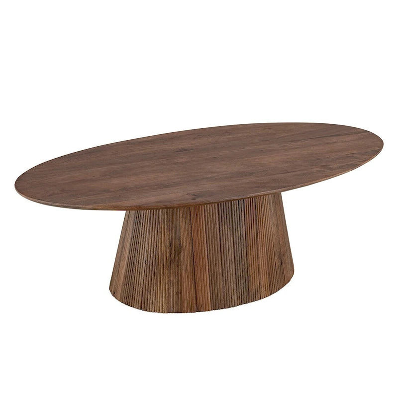 Round Brown Solid Mango Wood Coffee Table with Fluted Base