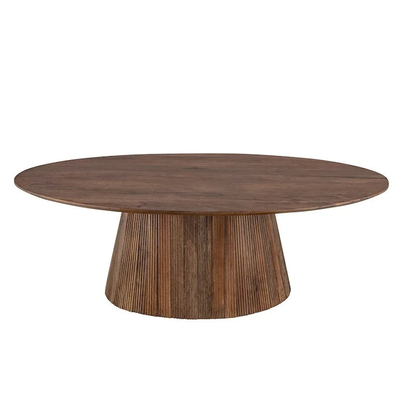 Round Brown Solid Mango Wood Coffee Table with Fluted Base