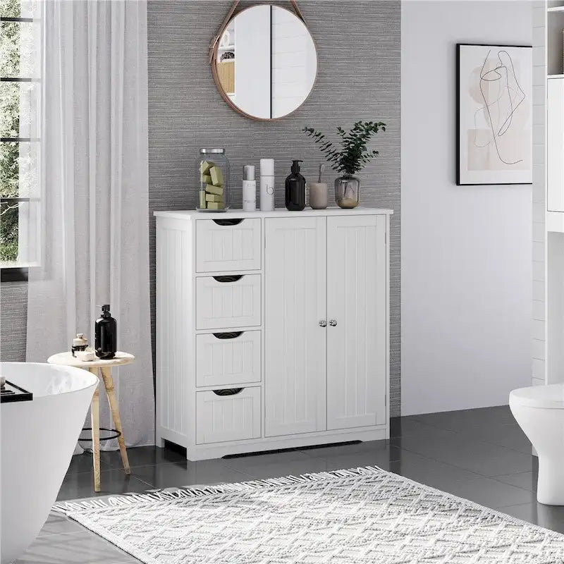 White Freestanding Bathroom Storage Cabinet with Four Drawers and Doors