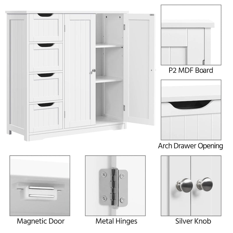 Mobile contenitore da bagno bianco indipendente con quattro cassetti e ante