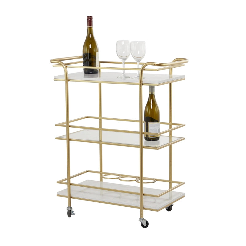Gold Rolling Bar Cart with Marble Glass Shelves and Handles
