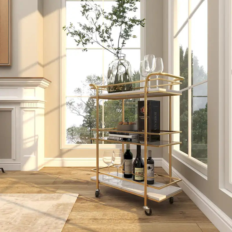 Gold Rolling Bar Cart with Marble Glass Shelves and Handles
