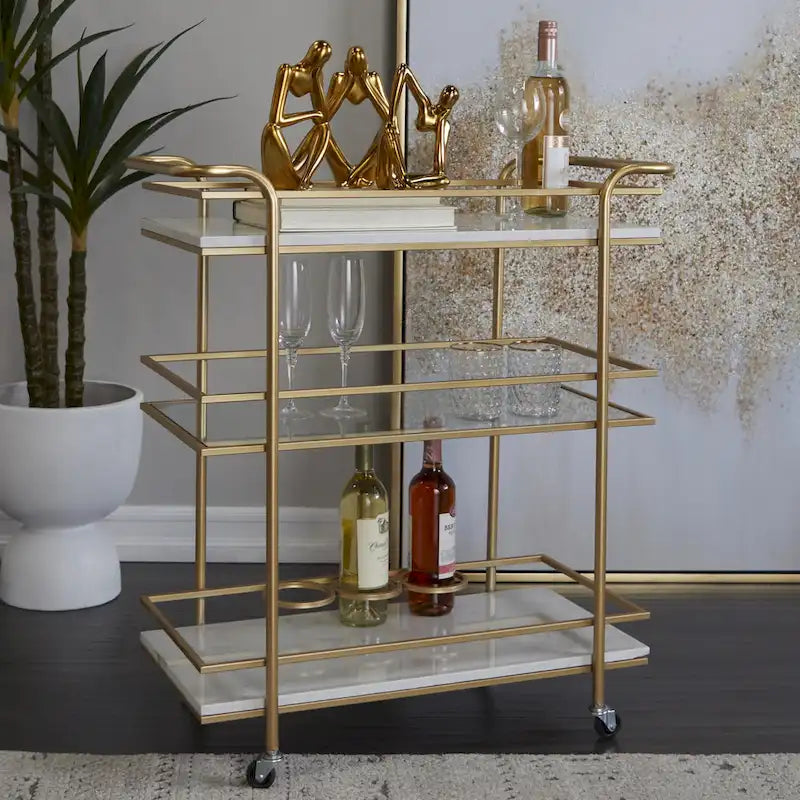 Gold Rolling Bar Cart with Marble Glass Shelves and Handles