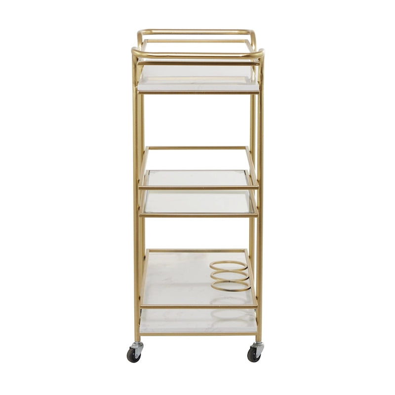 Gold Rolling Bar Cart with Marble Glass Shelves and Handles