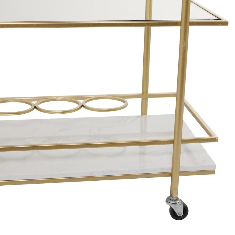 Gold Rolling Bar Cart with Marble Glass Shelves and Handles