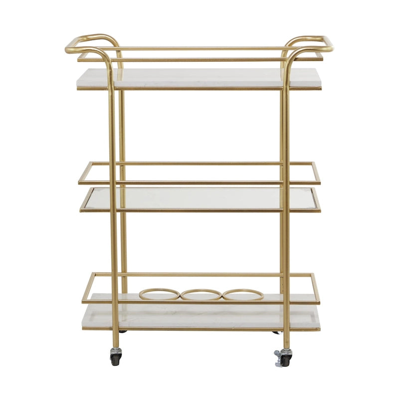 Gold Rolling Bar Cart with Marble Glass Shelves and Handles